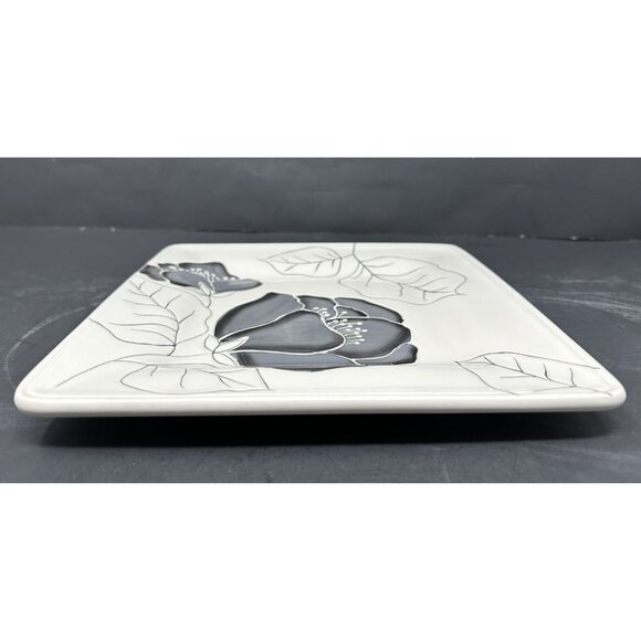 LAURIE GATES ANNA BLOOM BLACK Square Salad Luncheon Plate ~ Black Gray Flowers - Picture 7 of 9